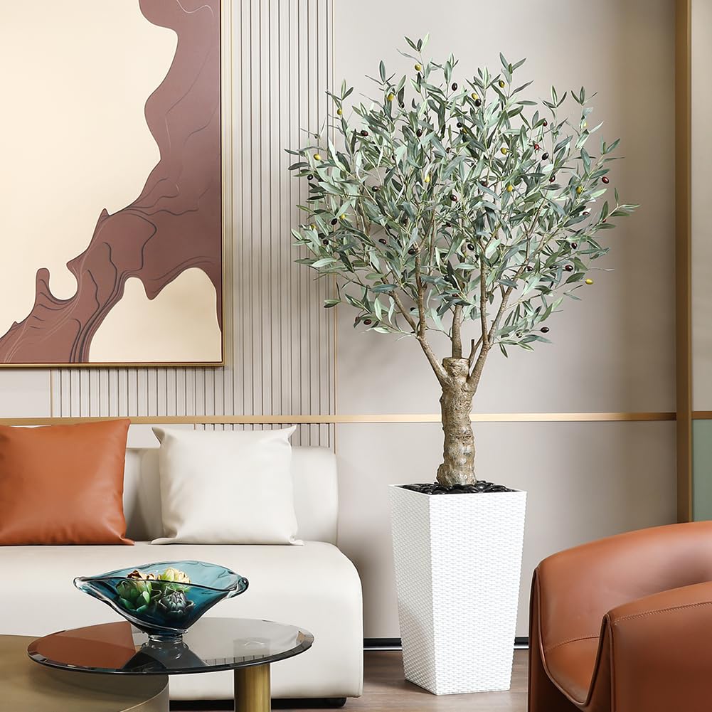 Artificial Olive Tree, 6FT UV Resistant Fake Plants with White Taper Planter, Lifelike Tall Artificial Floor Plants