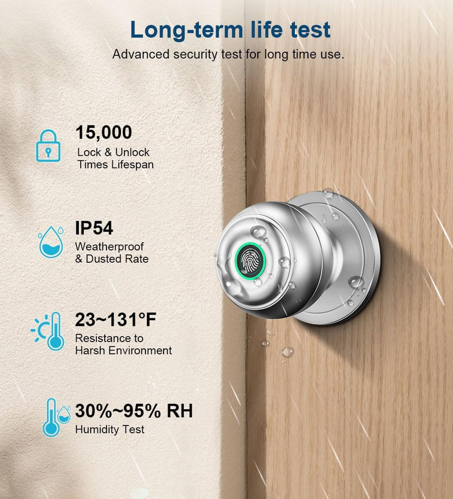 Fingerprint Door Lock, Smart Fingerprint Door Knob with Lock, Silver