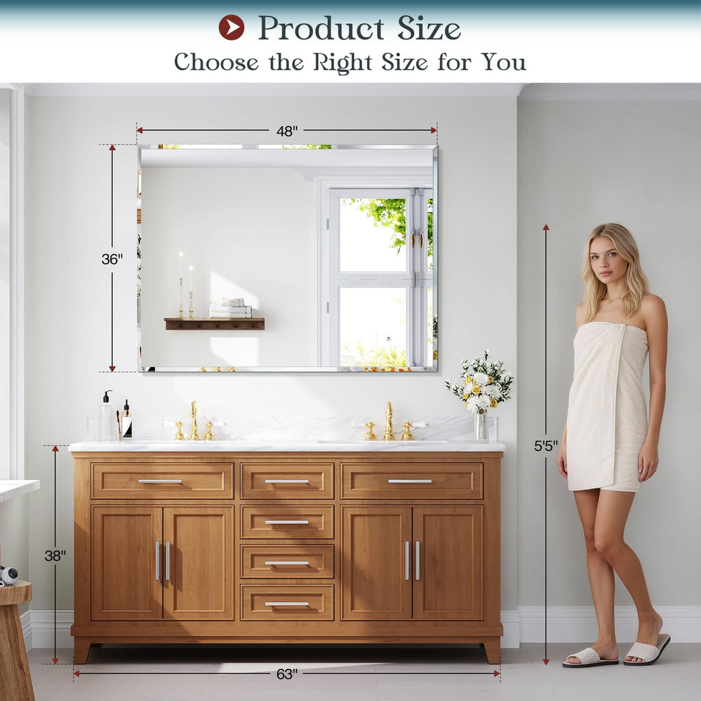 36"x48" Frameless Bathroom Mirror, Beveled Bathroom Vanity Mirror