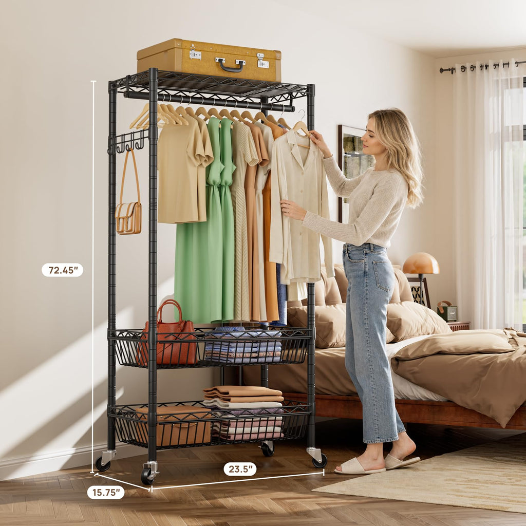 Heavy Duty Rolling Clothes Rack Wheels Portable Metal Garment Rack