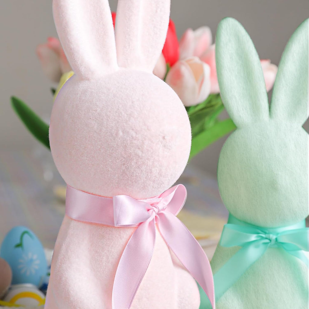 Easter Decorations - 3 Pack Pastel Flocked Bow-Tied Bunny Set (10", 13", 16") - Spring Table Centerpieces Decor - Set of 3