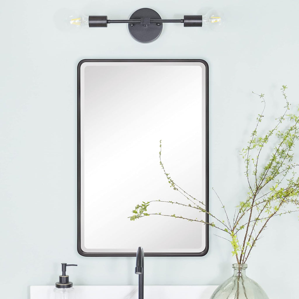 Farmhouse Black Metal Framed Recessed Bathroom Medicine Cabinet with Beveled Mirror Rounded Rectangle Bathroom