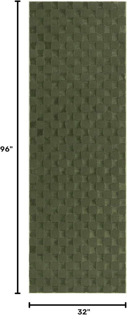 Alaiya Green Checkered Washable Runner Rug, 2' x 8'