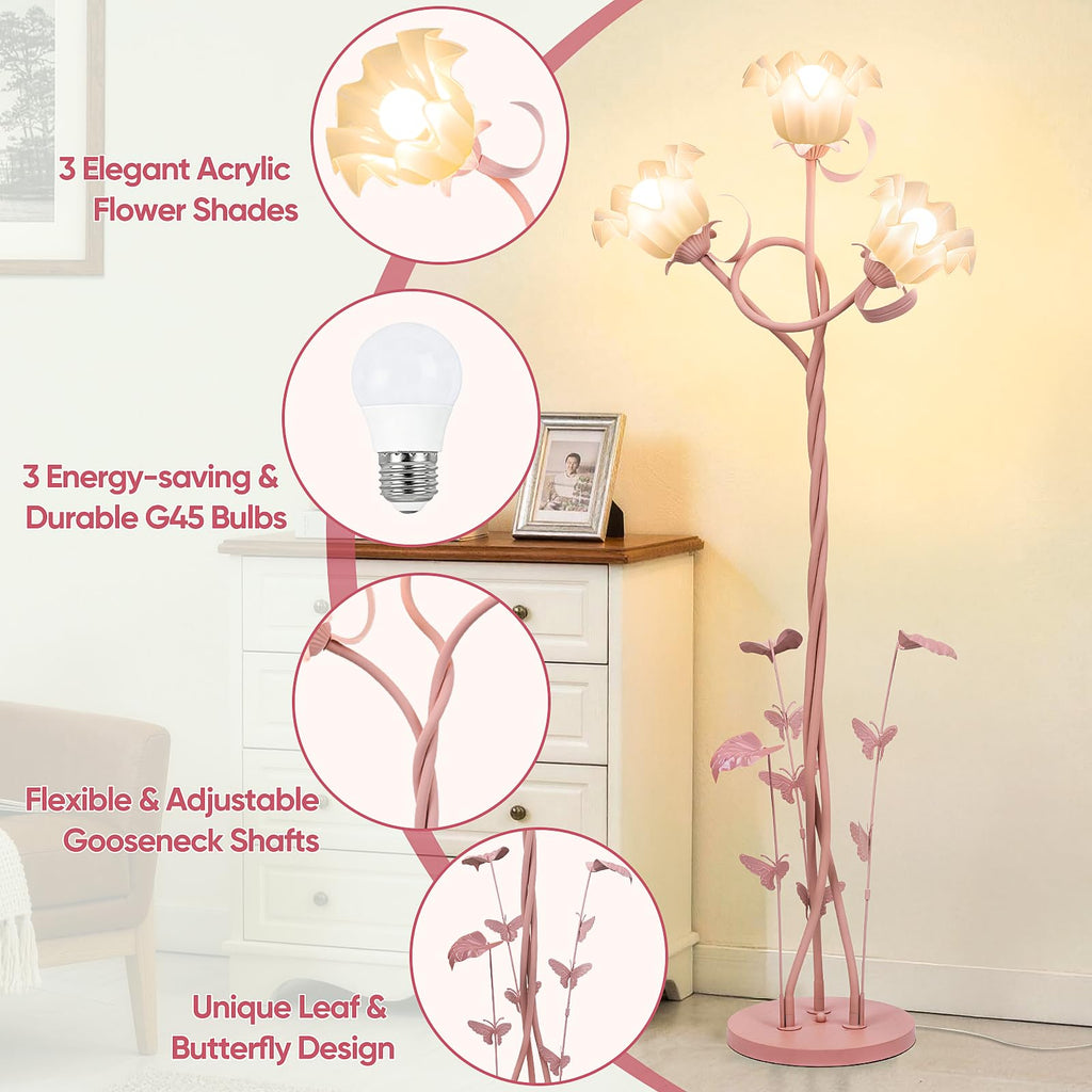 Flower Floor Lamp, 3-Head Whimsical Pink Floor Lamp with Flexible Gooseneck, 67'' Tall Retro Floral Standing Lamp