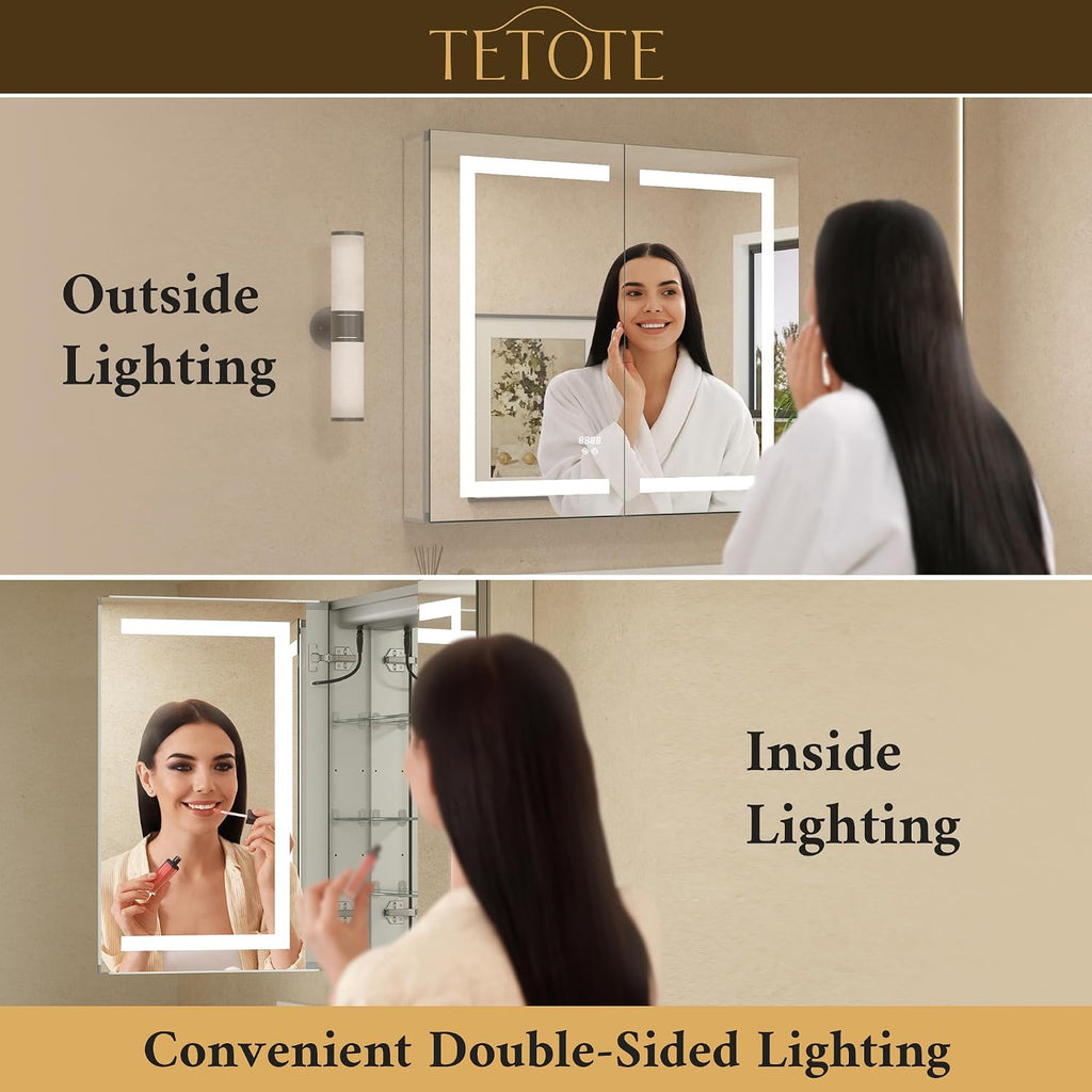 LED Lighted Medicine Cabinet with Lights 30 x 26 Recessed or Surface Mount Cabinet Mirror Wall, 2 Door Tempered Glass