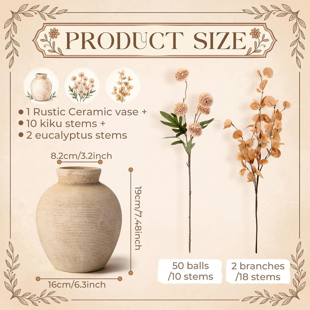 12 Stems of Artificial Flower with 7.5 Inch Rustic Ceramic Vase Vintage Vase Mums Kiku Eucalyptuses Floral