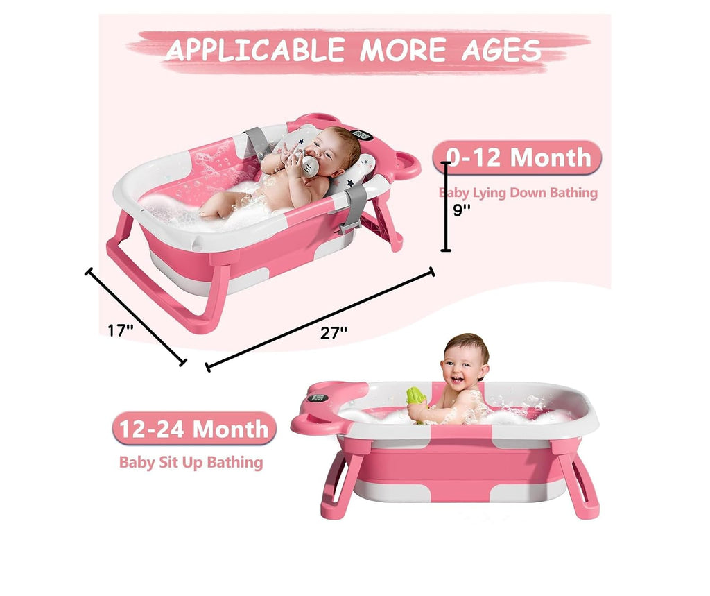Collapsible Baby Bathtub for Newborn with Thermometer & 1 Hooded Towel & 1 Soft Floating Cushion,Portable Travel