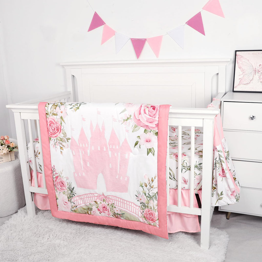 4 Pcs Pink Crib Bedding Set for Girls, Castle Baby Crib Comforter