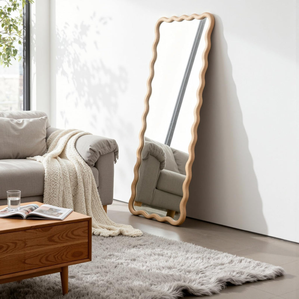 20"x63" Solid Wood Floor Mirror Long Rectangle Scalloped Full Length Mirror