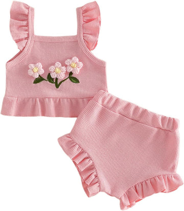 Baby Girl Summer Clothes Outfits 0 3 6 12 Flower Ruffle Sleeve Tops and Shorts Set