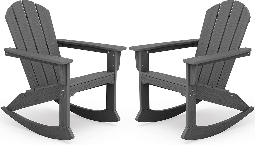 Outdoor HDPE Adirondack Rocking Chairs Set of 2, All-Weather, Grey | The rocking chair features safe rocking design