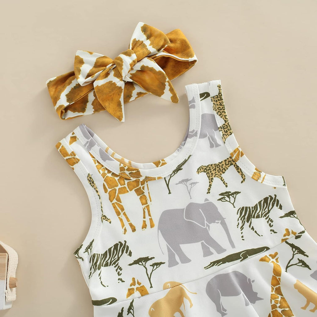 3Pcs Baby Girl Summer Outfit Animal Print Sleeveless Ruffle Tank Tops High Waist Shorts Headband Clothing Set