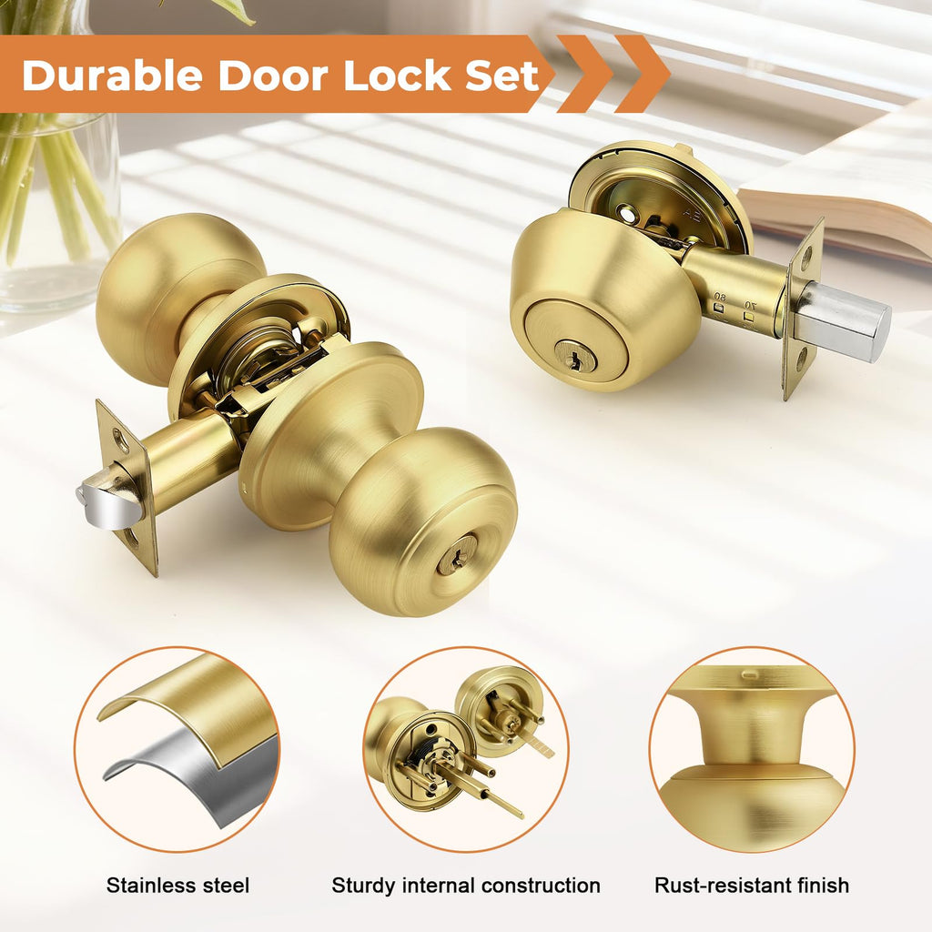 1 Pack Entry Door Knob Set, Gold, Single Cylinder Deadbolt