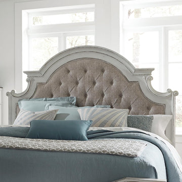 Magnolia Manor Queen Upholstered Panel Headboard European Traditional Bedroom - Antique White & Weathered Bark Oak