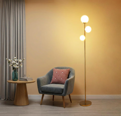 3 Globe Floor Lamp Mid Century Modern, Gold Standing Lamp with Frosted Glass Shade & LED Bulbs