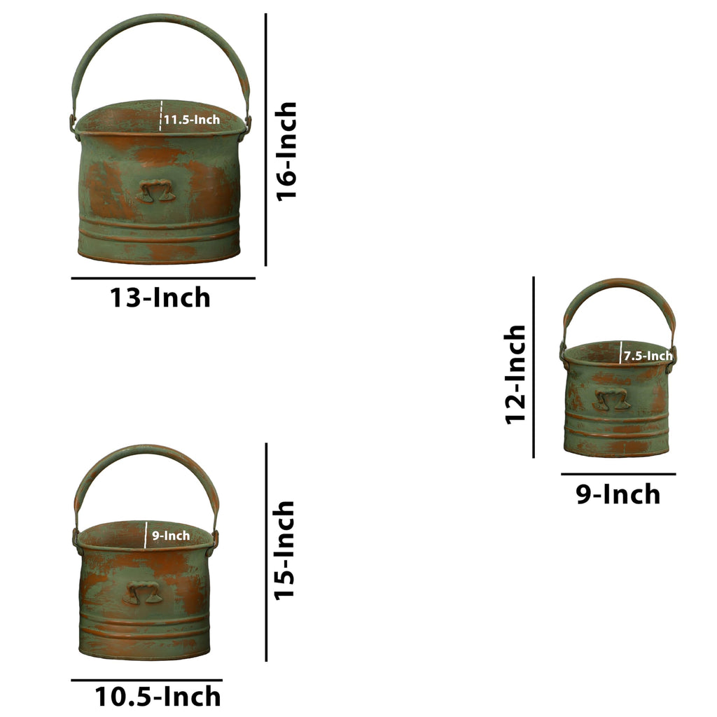 Benjara Tinged Metal Bucket Planter Set of 3, Patina Rust Green Finish, Decorative Planters with Side Handles, Rustic