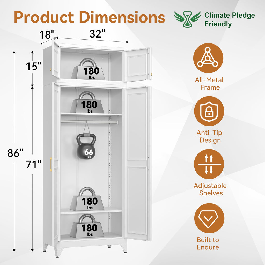 86" Tall White Metal Armoire Wardrobe Closet with Hanging Rod