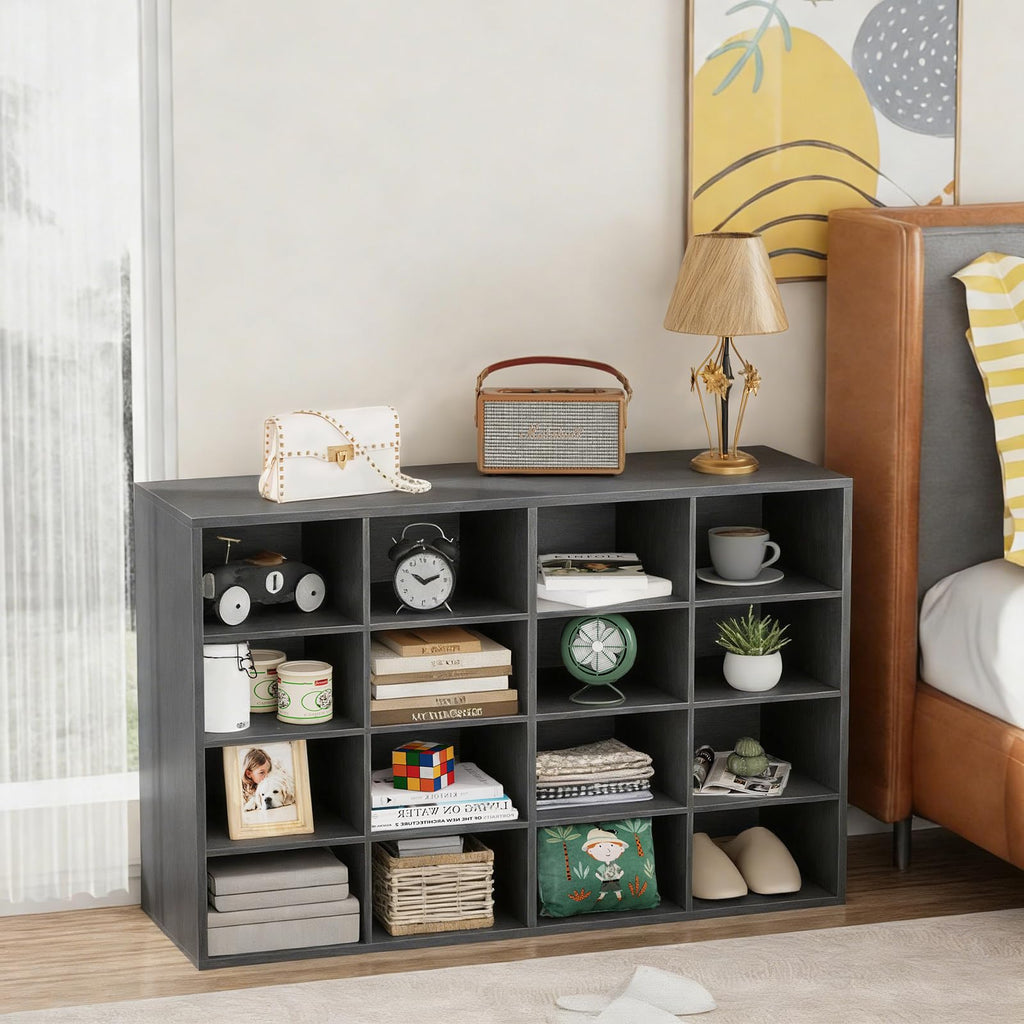 Shoe Storage Bench, Cubby Shoe Rack with 16 Cubbies, 4-Tier Wood Shoe Rack Organizer, Shoe Organizer Cabinet, Closet