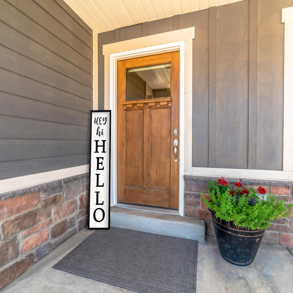 Hey Hi Hello Welcome Sign For Front Porch Standing 45"X9" Large Outdoor Tall Wood Frame Vertical Wall Decor Rustic