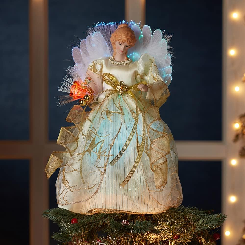 CUL Fiber Optic LED Angel Christmas Treetop Figurine, 12-Inch, Ivory and Gold