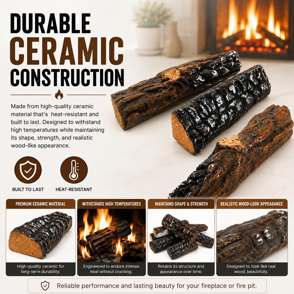 10-Piece Ceramic Fireplace Logs, Realistic Stackable Faux Wood Log Set for Gas Fire Pits, Fire Bowls, Fire Tables