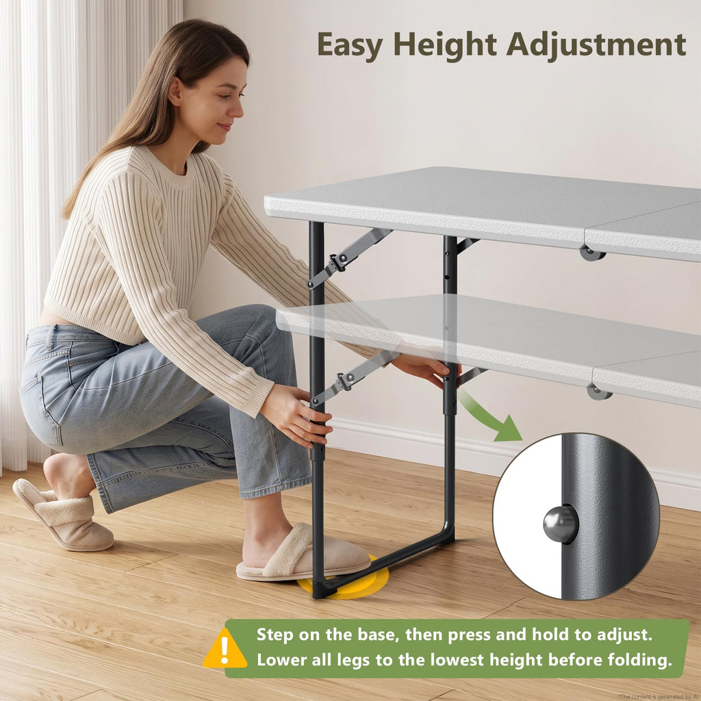 Folding Table and Chairs Set for 4, 4FT Adjustable Height Plastic Folding Table with 4 Foldable Chairs, Portable