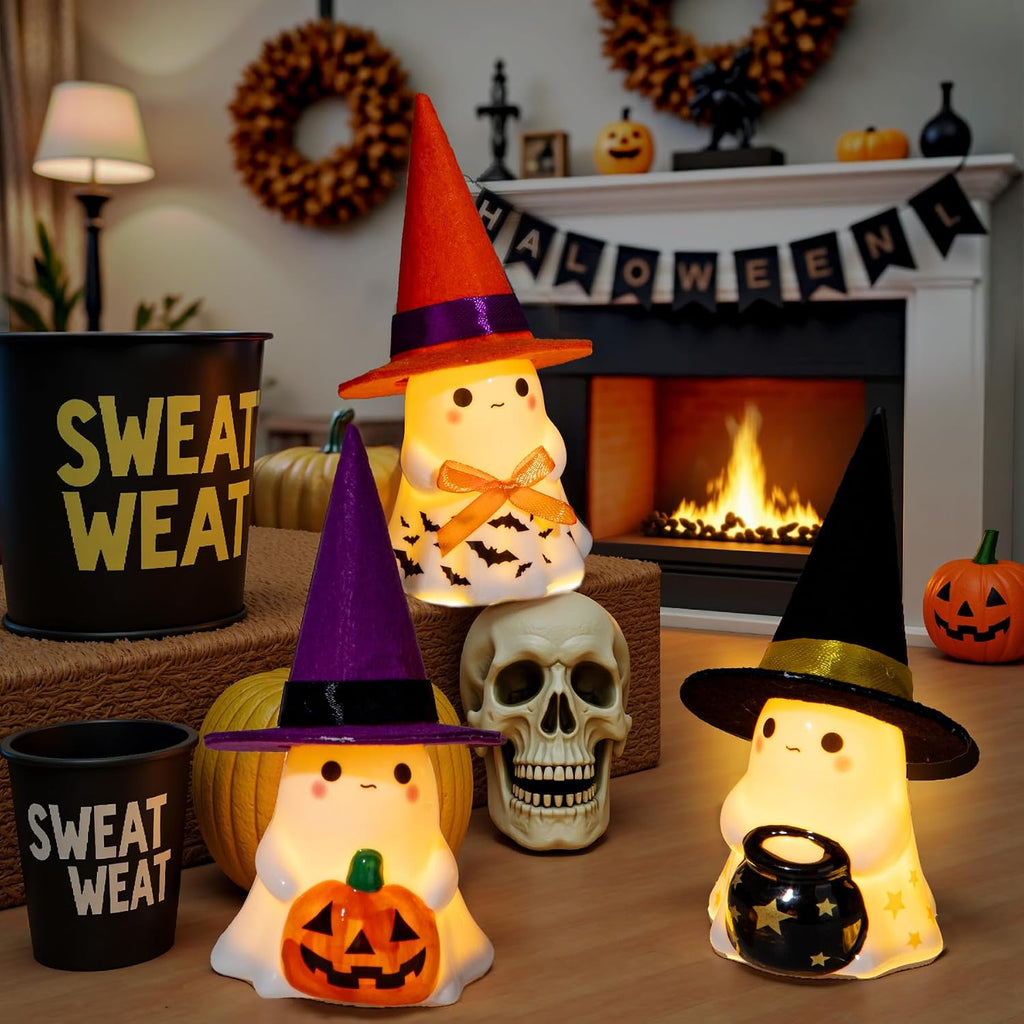 Halloween Decorations Indoor, Cute Spooky Ceramic Ghost Halloween Decorations,Ghost Figurines with Hats - Set of 3
