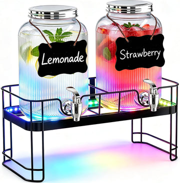 Drink Dispensers for Parties, 2 Pack 1 Gallon Glass Jars with LED Stand - Set of 2