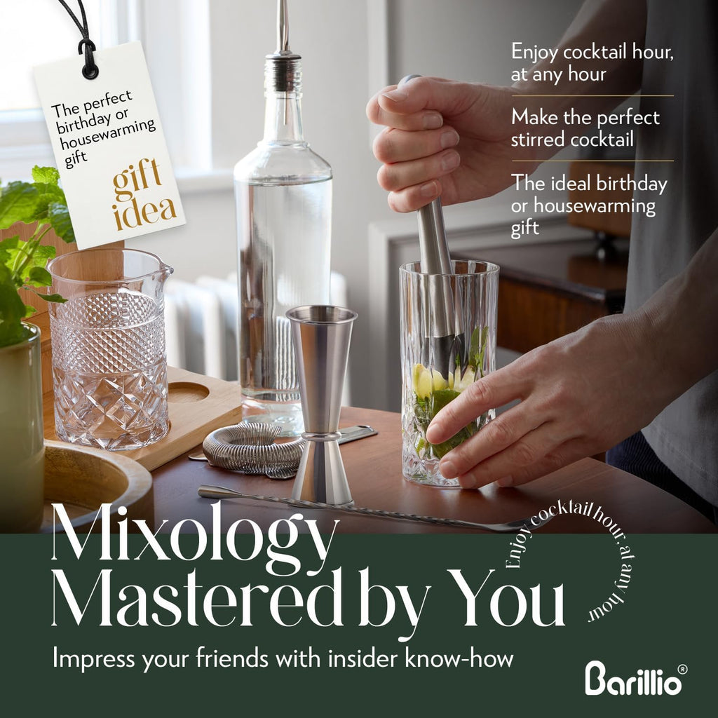 Oz Crystal Cocktail Mixing Glass with Bamboo Stand & Bar Tools | Seamless Lead-Free Crystal, Weighted Base - Set of 7