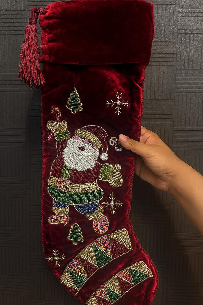 Luxury Hand Beaded Red Velvet Christmas Stocking 21 Inch Traditional Santa Claus Family Stocking, Premium Handcrafted