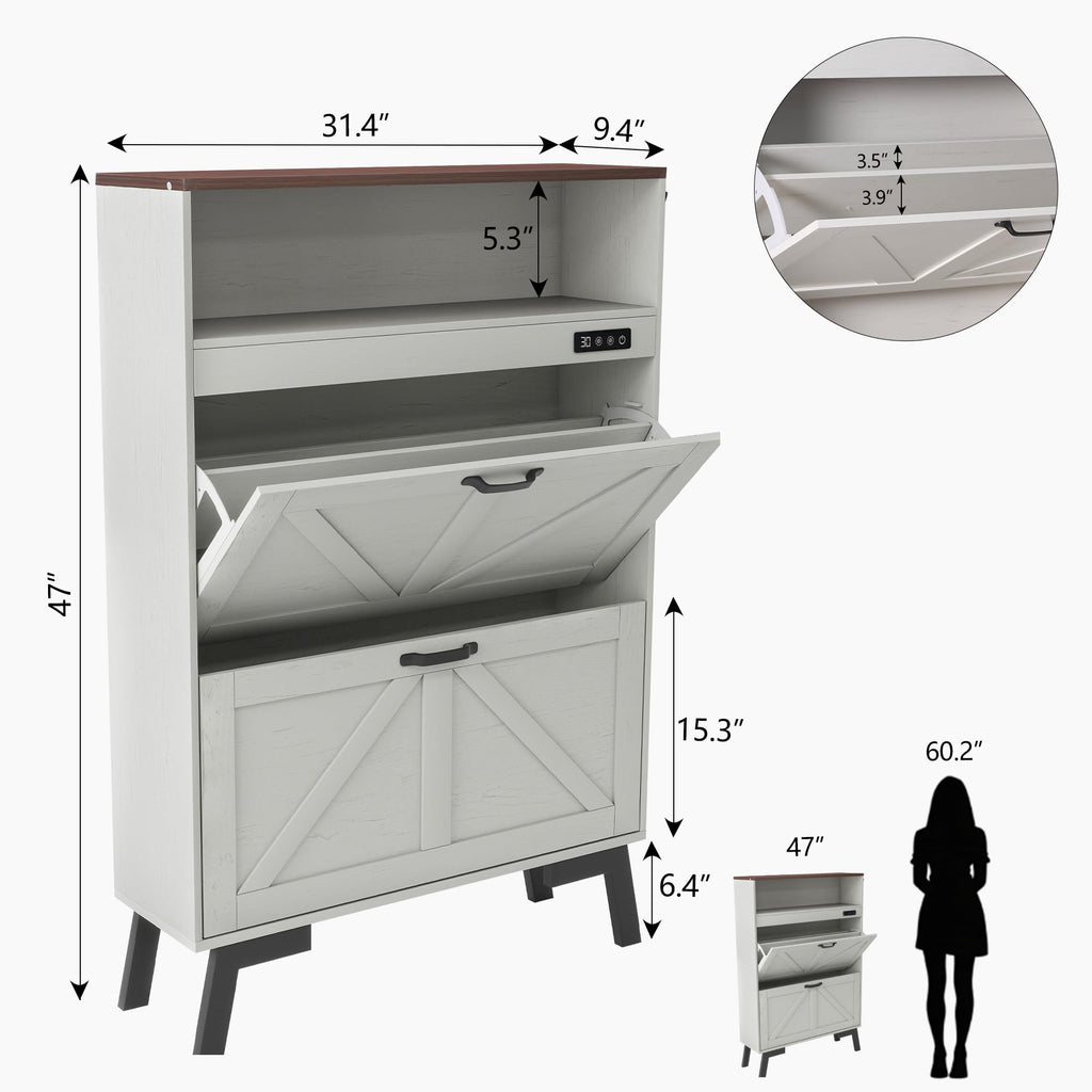 Shoe Cabinet with Deodorizer, Narrow White Entryway Storage, Anti-Tip