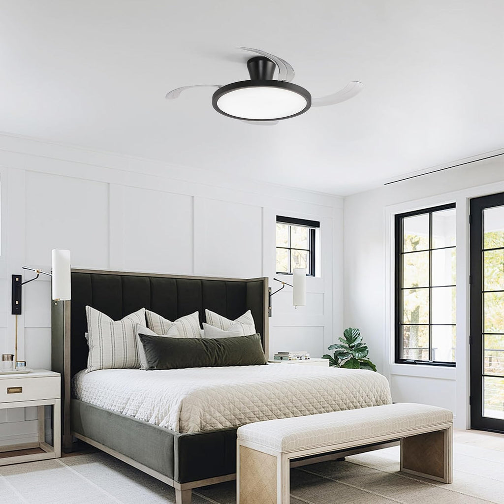 48 inch Black Slim Retractable Ceiling Fan with Light, Low Ceiling