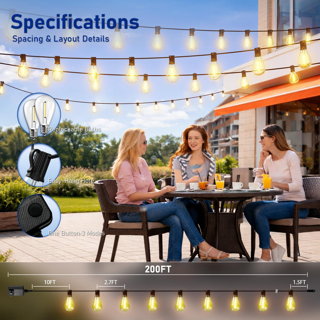 Outdoor String Lights with Remote & Dimmable, 72+2 Shatterproof Waterproof Bulbs, Dimmable Outside Hanging