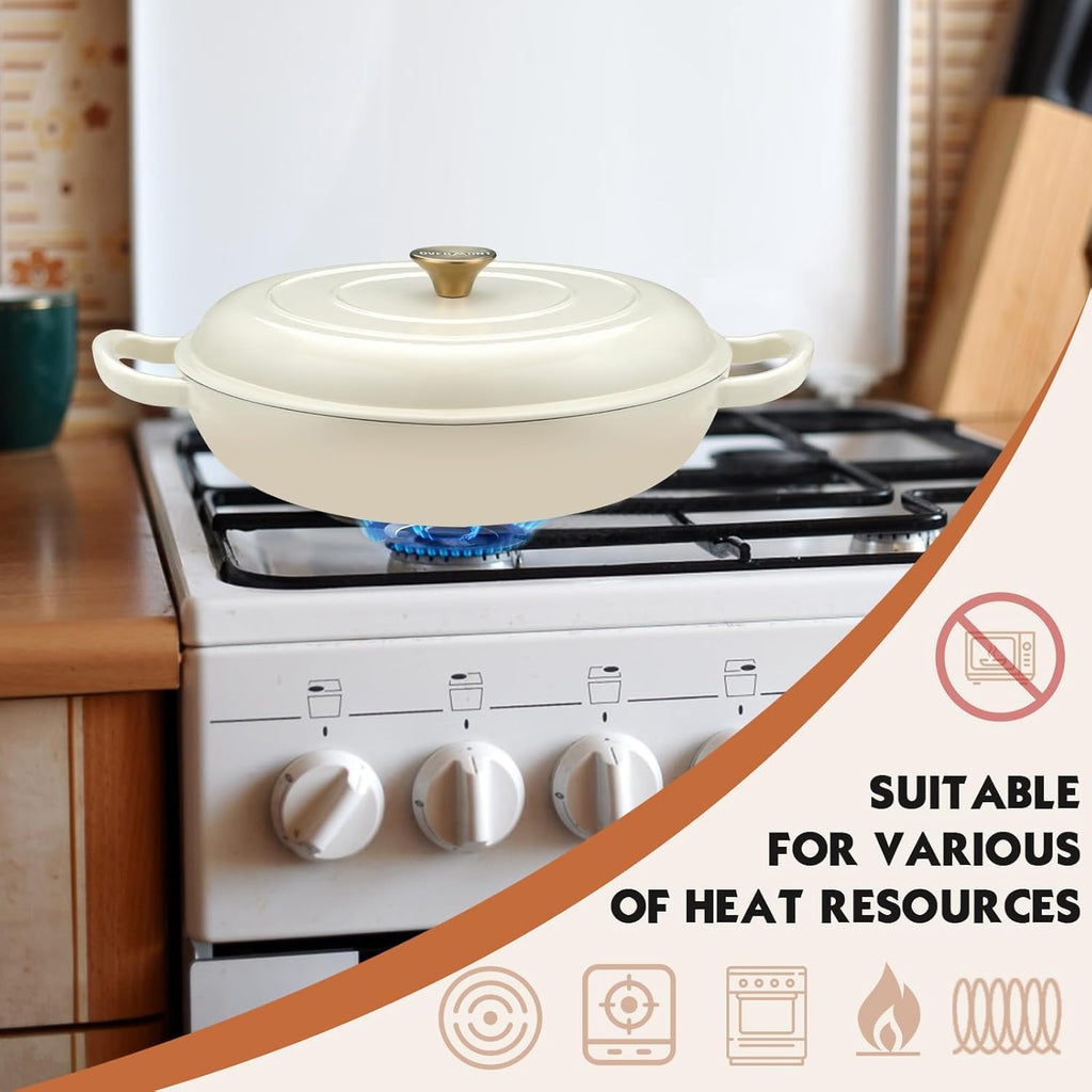 Enameled Cast Iron Dutch Oven - 3.8 QT Shallow Braiser with Recipe | Enameled Casserole with Lid Potholders, Oven