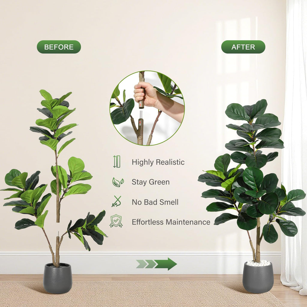 4 ft Fiddle Leaf Fig Tree Artificial with 48 Leaves - Realistic Faux Ficus Lyrata Trees in 7.8 in Grey Planter Pot
