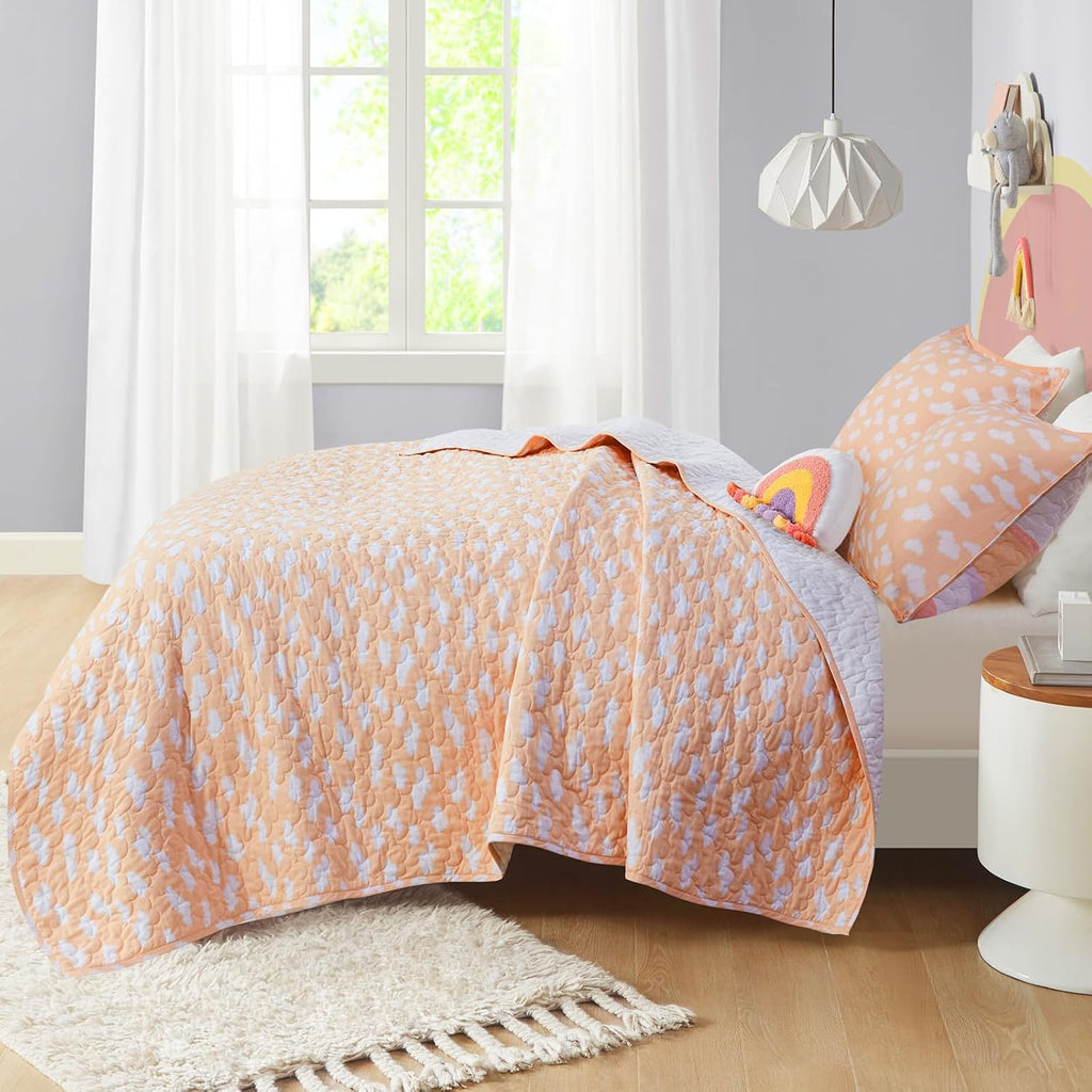 Kids Twin Quilt Bedding Set, Cotton Coverlet Sun Girls Bedding Set Rainbow & Clouds Reversible Dawn Light & Breathable Sham Throw Pillow Twin Yellow/Coral 3 Piece