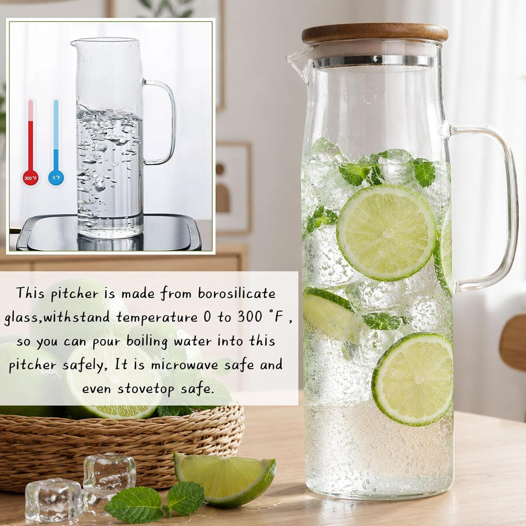Glass Pitcher with Lid Glass Water Carafe with Handle, Fridge Water Jug Cold or Hot Beverages, Iced Tea, Milk, Juice