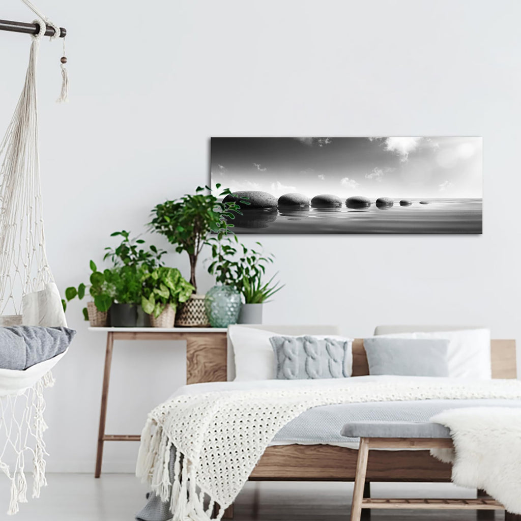 Large Tranquil Zen Stones Canvas Print Monochrome Spa Wall Decor - Serene Nature Artwork Mindfulness Black & White