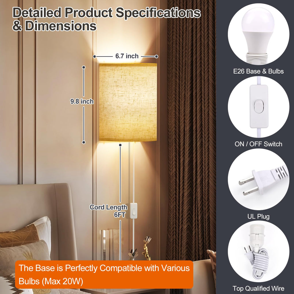 Plug in Wall Sconces Set of Two Wall Lights with On/Off Switch