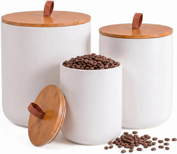 White Ceramic Food Storage Canister Set (30 oz, 48 oz, 82 oz) with Bamboo Lids, 3-Piece Airtight Jars for Flour - Set of 3