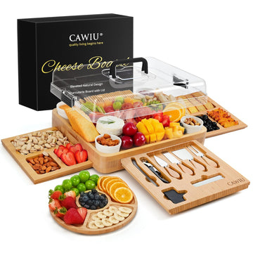 Large Bamboo Charcuterie Board Set with Lid, Drawers, Black