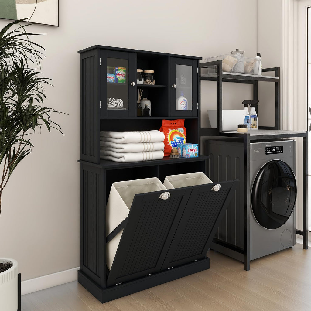 Tall Tilt Out Laundry Hamper Cabinet with 2 Removable Baskets, Laundry Room Cabinets and Storage Furniture with