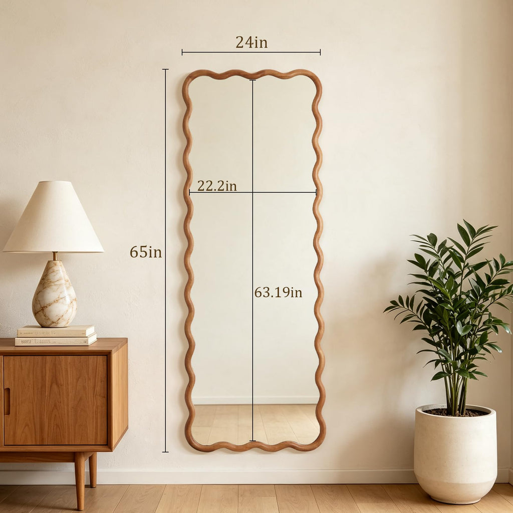 24"x65" Wood Full Length Mirror, Arched Natural Wood Boho Wavy Floor Mirror, Long Full Body Mirror Hanging