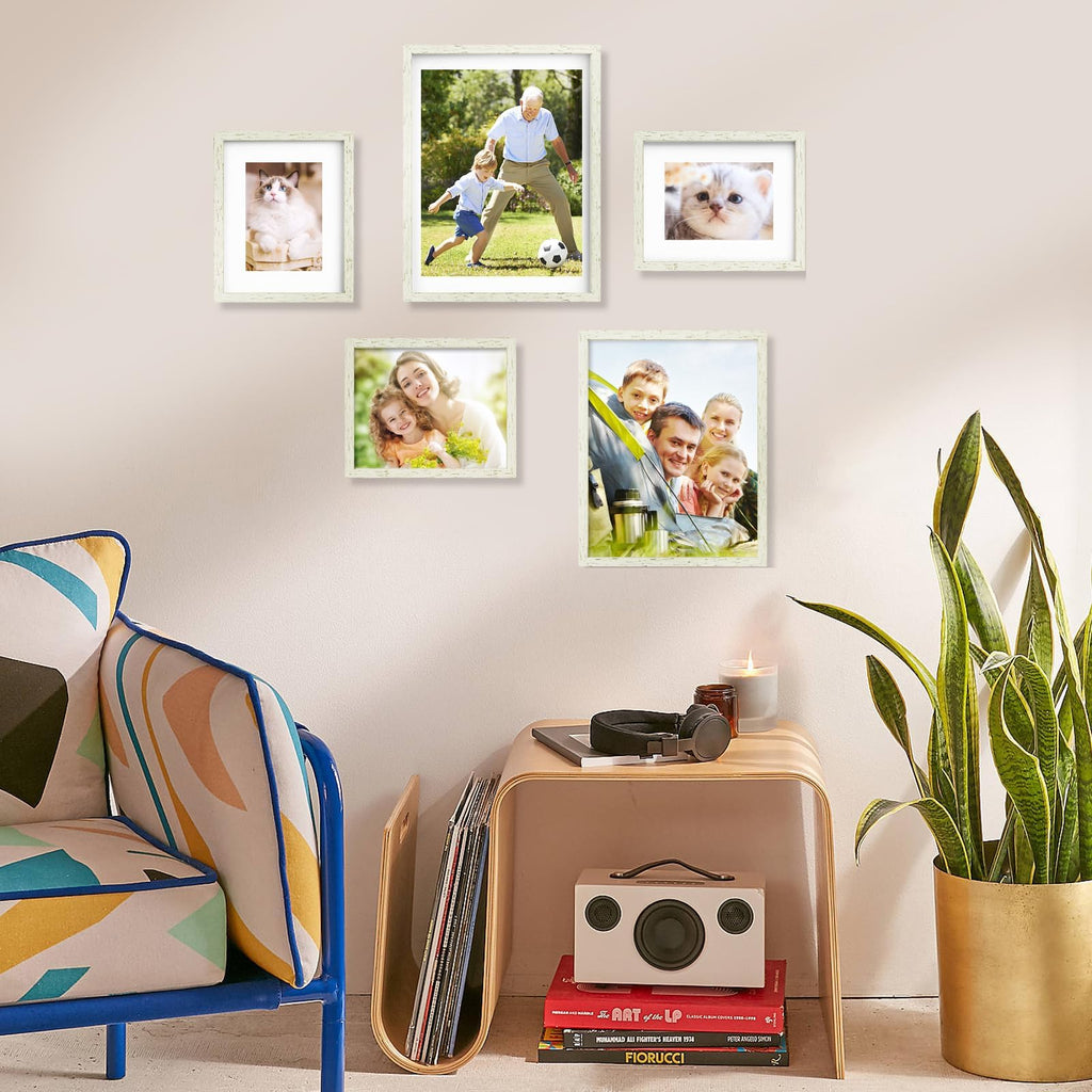 12x16 Picture Frame with Mat Distressed White, Country Rustic Style Photo Frame Set of 6 with Removable 8.5 x 11 Mat