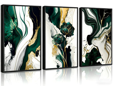 Floating Framed-3D Texture Abstract Green Gold Wall Art Set of 3, UV Printing Emerald Green Marble Pictures Canvas