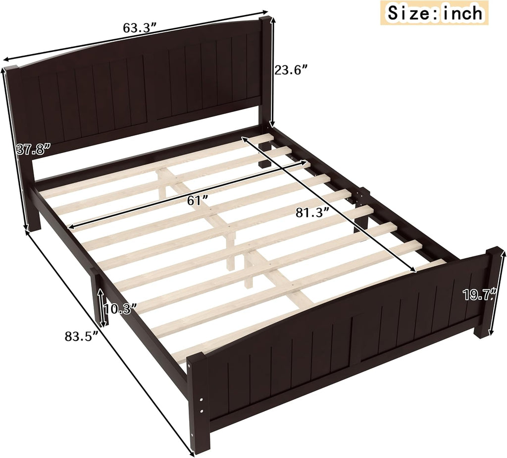 Queen Farmhouse Bed Frame with Headboard & Footboard, Mid Century Modern Bed Frame with Underbed Storage, Antique