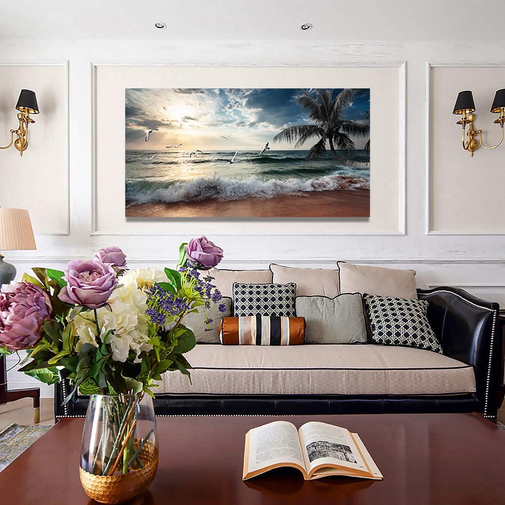 Large Canvas Wall Art Beach Ocean Prints Art Coast Sunset Sea Paintings Poster Scenery Picture Palm Artwork for Wall