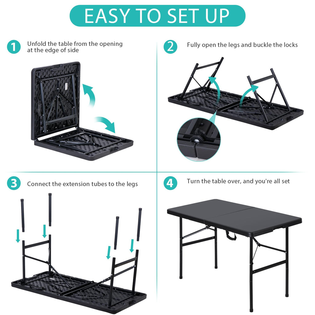 4ft Portable Folding Table Plastic Indoor Outdoor Picnic Party Camp Dining Table with Handle, Black