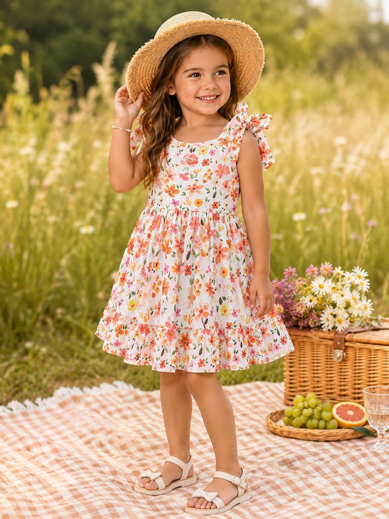 Toddler Girls Summer Dress Bow-Tie Straps V Neck Party Dresses Cute Floral Printed Sleeveless Beach Sundress