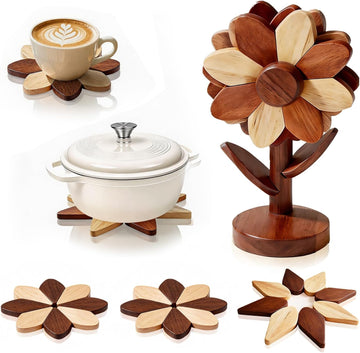 Wooden Trivets for Hot Dishes, Foldable Sunflower-Shaped, Thick Hot Pads for Countertops, Ceramic Pots - Set of 5